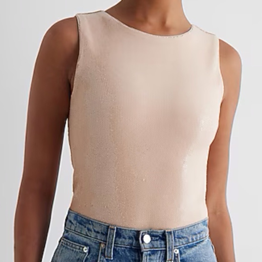 Express Women M Tan Sleeveless Body Contour Sequin Crew Neck Bodysuit NWT